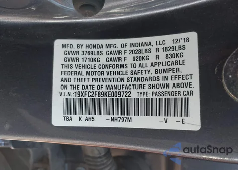 2019 Honda Civic Sport z USA, uszkodzony, nr VIN 19XFC2F89KE009722